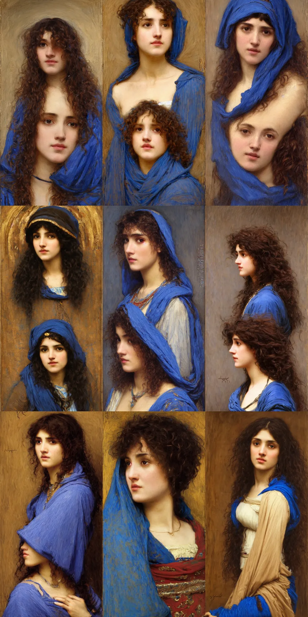 Prompt: portrait en buste bangs curly hair brown-skinned woman wearing a blue hood orientalist portrait by john william waterhouse and Edwin Longsden Long and Theodore Ralli and Nasreddine Dinet, oil on canvas. Cinematic, hyper realism, dramatic lighting, high detail 8k