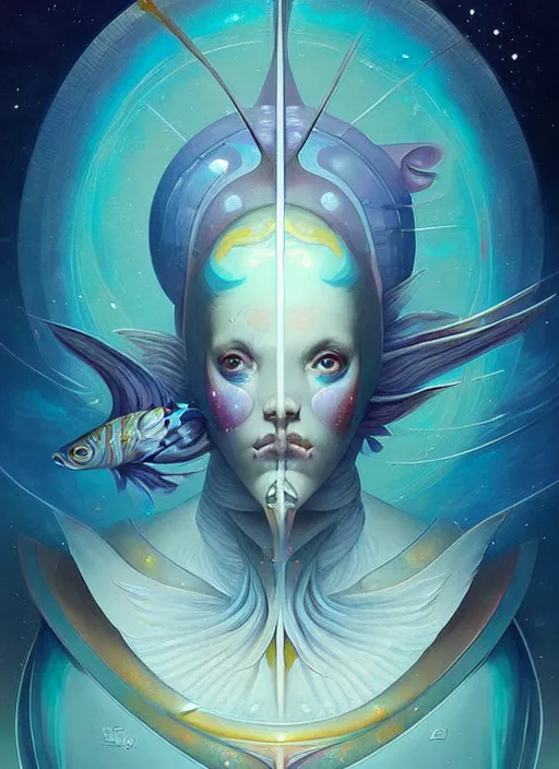 Image similar to symmetry!! pisces the fish!!!! highly detailed, high contrast, light reflection, trippy, nebula, trending on art station by artgem, by peter mohrbacher, by wlop, by ruan jia