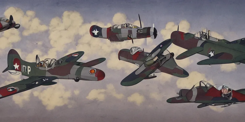 Image similar to world war two fighter planes, studio ghibli style, by tullio crali