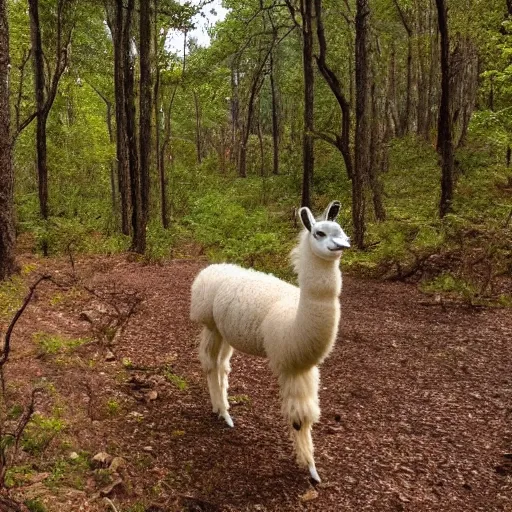 Prompt: llama in a forest, trail cam footage, night, gloomy