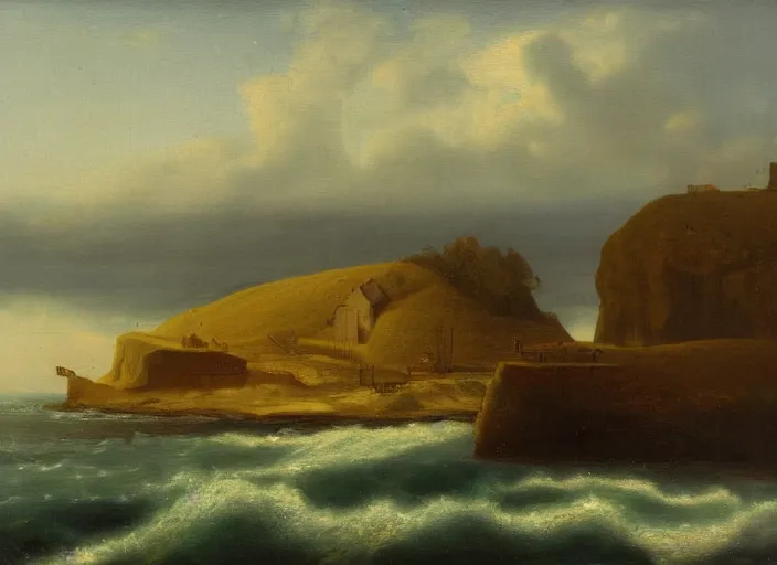 Image similar to texel, the netherlands as the background in the style of hudson river school of art, oil on canvas