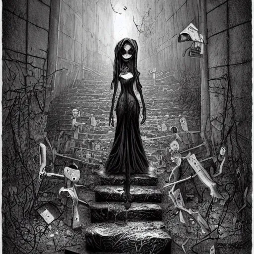 Image similar to grunge cartoon drawing of the end of the world by - michael karcz , in the style of corpse bride, horror themed, detailed, elegant, intricate