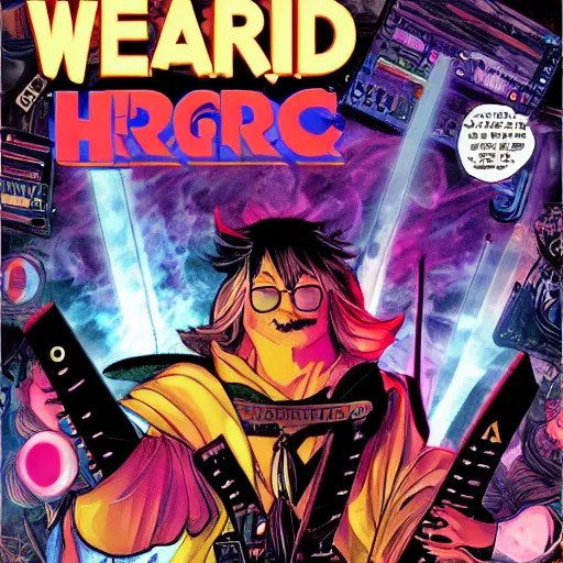 Image similar to a wizard hero character surrounded by many musical keyboards, epic, comic book cover