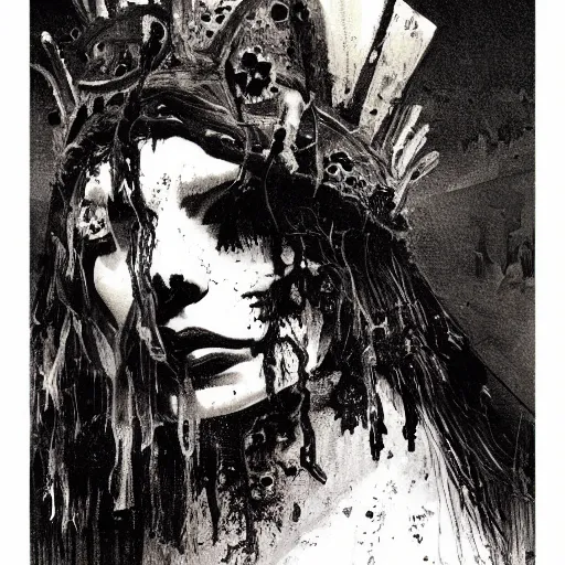 Image similar to close up portrait of a scandinavian rotting corpse zombie female with a veil and crown, satanic kvlt by peder balke by peder balke by greg rutkowski, by guido crepax by norman bluhm mystic high contrast monochromatic noir angst pagan magic symbols