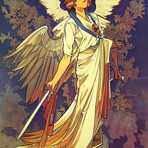 Image similar to anime manga mecha gundam angel angelic portrait by Alphonse Mucha art nuevou