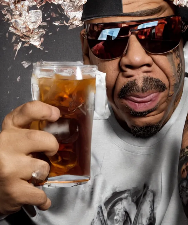 Prompt: ice - t rapper on the side of a mug full of iced tea, product showcase, studio lighting