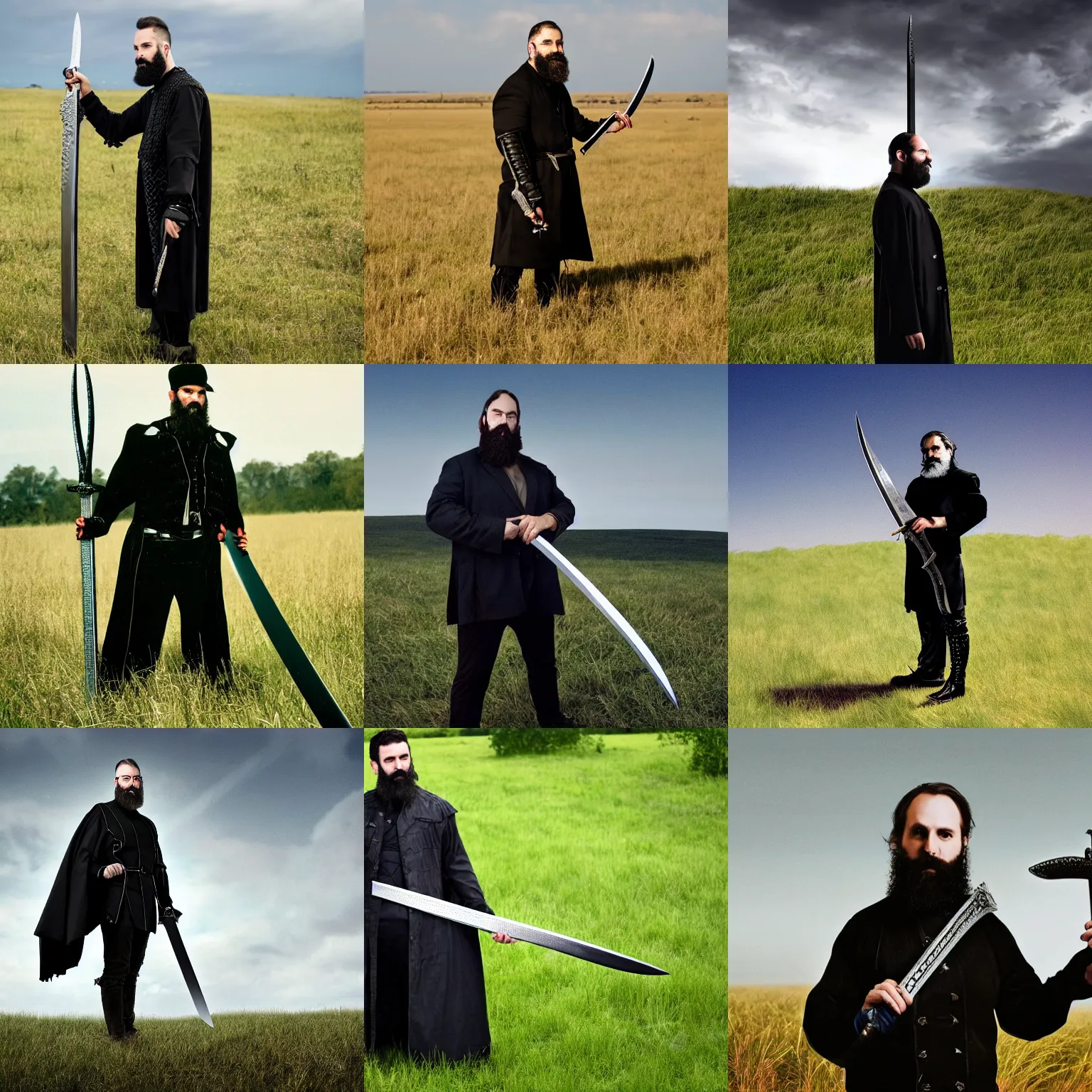 Prompt: a sword held by a black jacket wearing bearded man standing in a grassy field