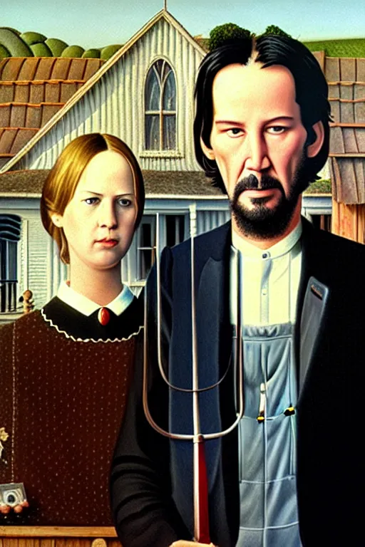 Image similar to painting of Keanu Reeves and Jennifer Lawrence as the couple in American Gothic in the style of Grant Wood