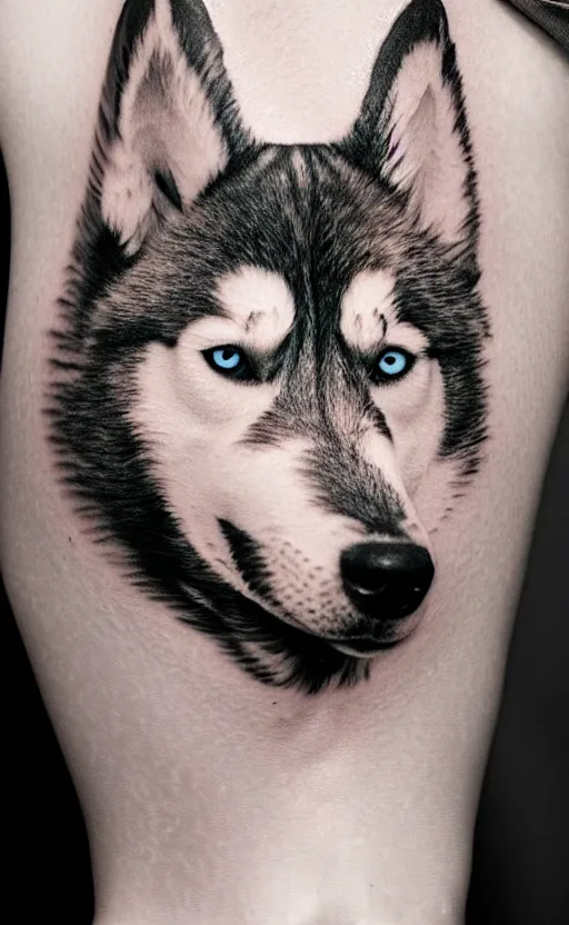 Image similar to a tattoo of a husky dog, ultra detailed, tattoo, 8 k