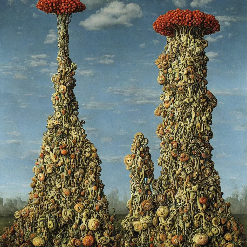 Image similar to a single colorful! ( lovecraftian ) fungus tower white! clear empty sky, a high contrast!! ultradetailed photorealistic painting by jan van eyck, audubon, rene magritte, agnes pelton, max ernst, walton ford, andreas achenbach, ernst haeckel, hard lighting, masterpiece