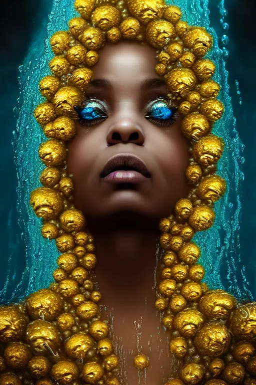 Image similar to hyperrealistic post rococo cinematic very expressive! black oshun goddess, open eyes, in water up to her shoulders, mirror dripping droplet!, gold flowers, highly detailed face, digital art masterpiece, smooth eric zener cam de leon dramatic pearlescent teal light, ground angle uhd 8 k, sharp focus