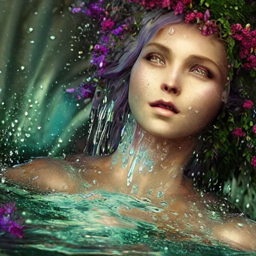 Image similar to ultra realistic 3 d render of a goddess made of water and flowers rising out of the water dripping by charlie bowater, beautiful, bioluminescent, ethereal, mist, waterfall