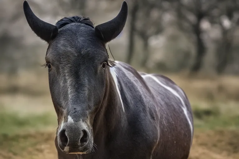 Image similar to a horse bull!!! hybrid! hyper realistic!! realistic lighting!! wildlife photographer of the year!!! bold natural colors, national geographic, hd, wide angle, 8 k