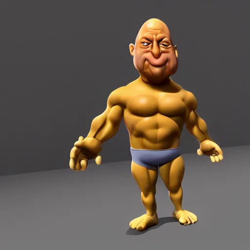 Image similar to extremely muscular bald man, small legs, exaggerated arms, 3 d model, gladiator, small head, giant chin, cell shaded, cartoon shading, gorn, vr game, video game