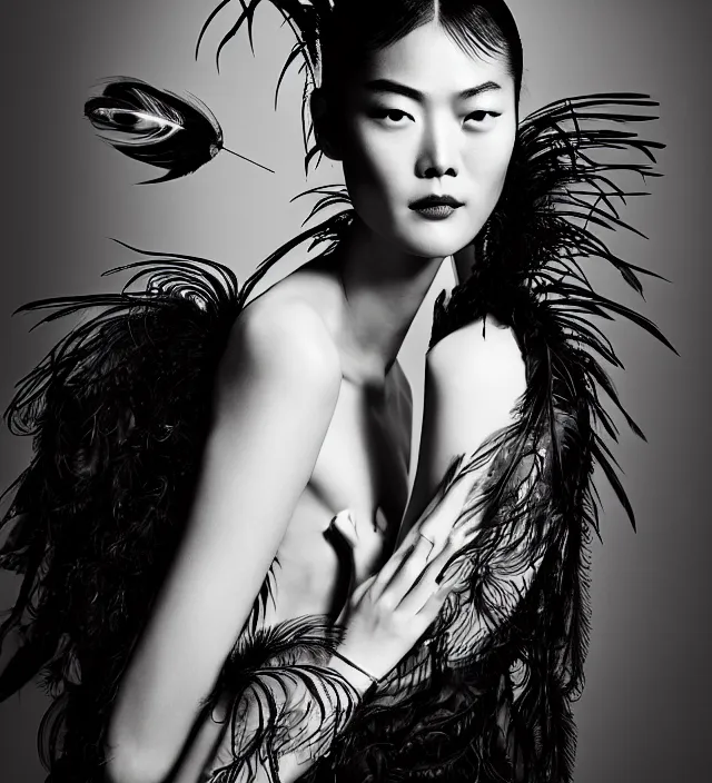 Prompt: photography film noir scene portrait starring liu wen, natural background, backlight lighting, natural fragile pose, great _ hairstyle, wearing stunning dress with feathers by iris van herpen, with a colorfull makeup. highly detailed, skin grain detail, photography by paolo roversi, amano, nick knight, helmut newton, avedon, araki