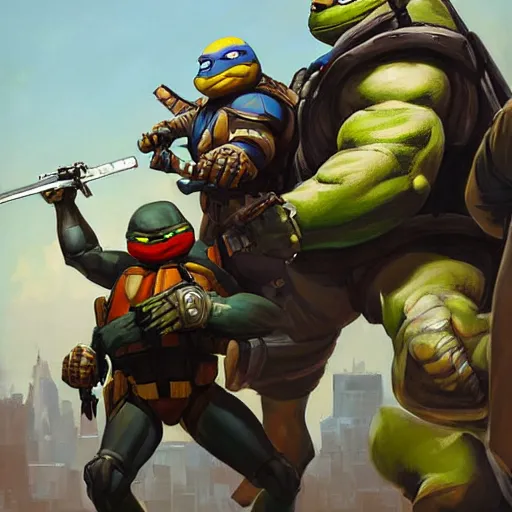 Image similar to greg manchess portrait painting of armored teenage mutant ninja turtles as overwatch character, medium shot, asymmetrical, profile picture, organic painting, sunny day, matte painting, bold shapes, hard edges, street art, trending on artstation, by huang guangjian and gil elvgren and sachin teng