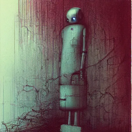 Prompt: robot ghost, glitch distortion, Unbearable Anxiety, by Stephen Gammell and Beksinski and Stalenhag.