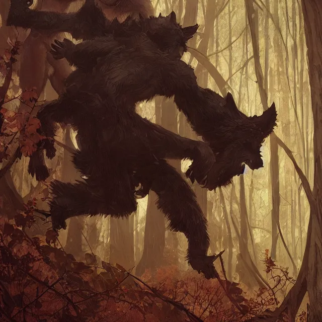 Image similar to a male werewolf with long claws fighting a young fit male vampire in a dark forest at night, by greg rutkowski and alphonse mucha, gradient brown to red, highly detailed, digital painting, artstation, concept art, smooth, sharp focus illustration