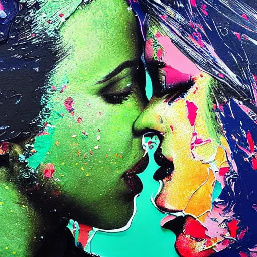 Image similar to double exposure of two women kissing ( closeup ) and an acrylic painting, lomography. this photograph is subsequently printed out and splattered with paint. mixed media collage art with magazines and found art