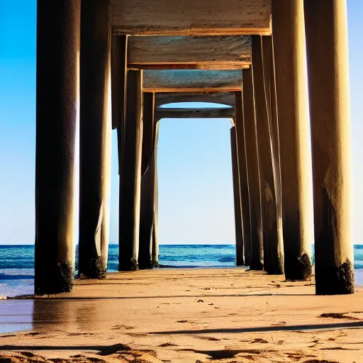 Prompt: a blurry photograph of a humanoid silhouette walking on the beach, taken from under a pier, pillars in the foreground, real, realistic, 4 k, photography