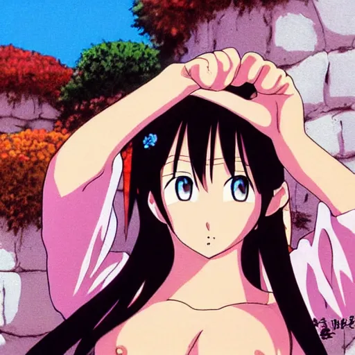 Prompt: sensual painting of an anime female waving at the viewer by studio ghibli, cel shading, highly detailed