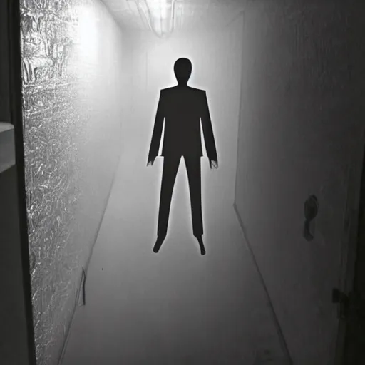 Prompt: photo of slenderman stalking you in the backrooms, horrifying, eerie