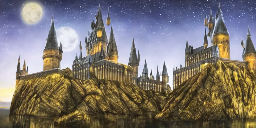 Prompt: insanely detailed long shot of hogwarts castle next to a lake at night with glowing windows cloudy night bright moon, harry potter