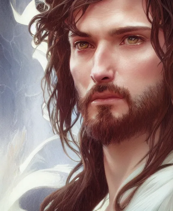 Image similar to portrait close up of guy, concentrated look, symmetry, long hair. d & d, fantasy, intricate, elegant, highly detailed, digital painting, artstation, concept art, art by artgerm and greg rutkowski and alphonse mucha, boris vallejo