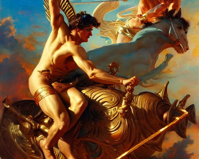 Image similar to attractive apollo greek god, riding his fire chariot. highly detailed painting by gaston bussiere, craig mullins, j. c. leyendecker 8 k