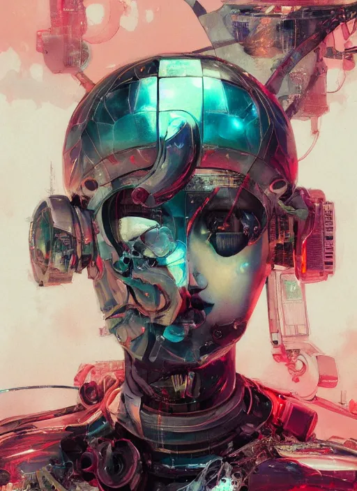 Prompt: surreal gouache painting, by yoshitaka amano, by ruan jia, by conrad roset, by Kilian Eng, by good smile company, detailed anime 3d render of a female mechanical android, portrait, cgsociety, artstation, modular patterned mechanical costume and headpiece, retrowave atmosphere