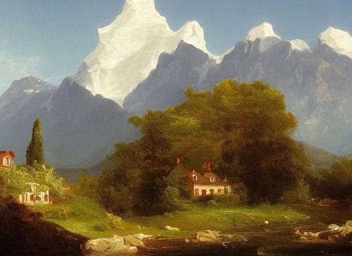 Image similar to painting of a william krisel house in front of mountains by thomas cole