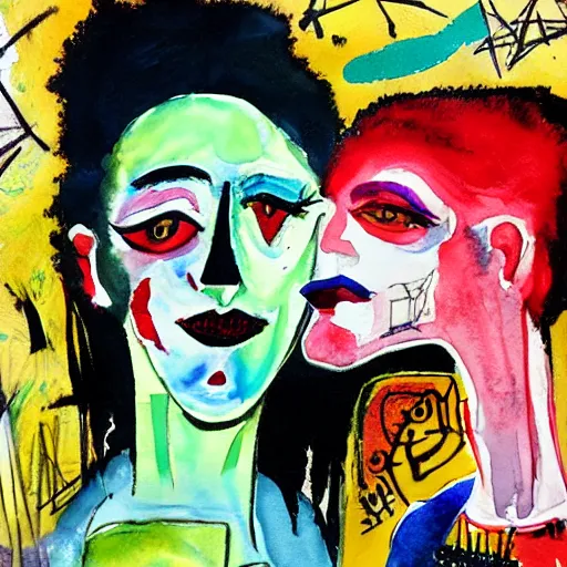 Image similar to watercolor painting of two bizarre psychedelic goth women kissing each other closeup in a cafe in spain, speculative evolution, mixed media collage by basquiat and jackson pollock, maximalist magazine collage art, sapphic art, lesbian art, chemically damaged