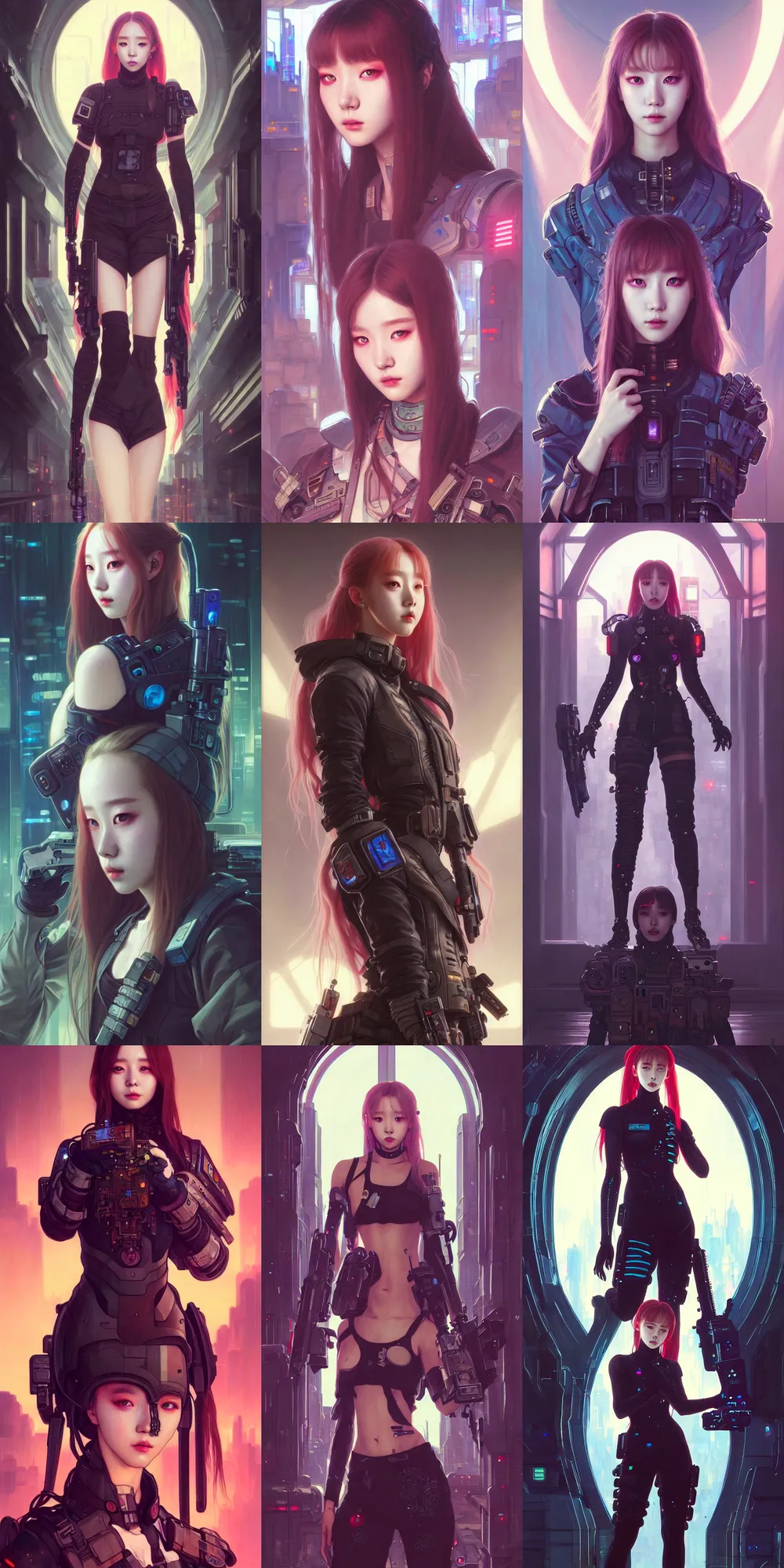 Prompt: portrait painting of cyberpunk chuu from loona as a happy mercenary, ultra realistic, concept art, intricate details, eerie, highly detailed, photorealistic, octane render, 8 k, unreal engine. art by artgerm and greg rutkowski and magali villeneuve and alphonse mucha, trendy, clothing design