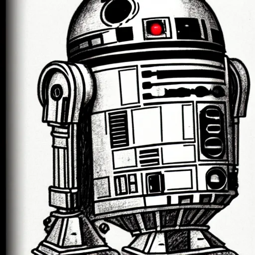 Image similar to a pencil sketch of the droid r 2 d 2 by leonardo davinci, star wars, droid, machine, sketch, da vinci, old masters, paper,