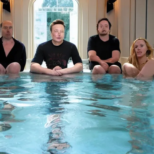 Image similar to elon musk in bath with his friends