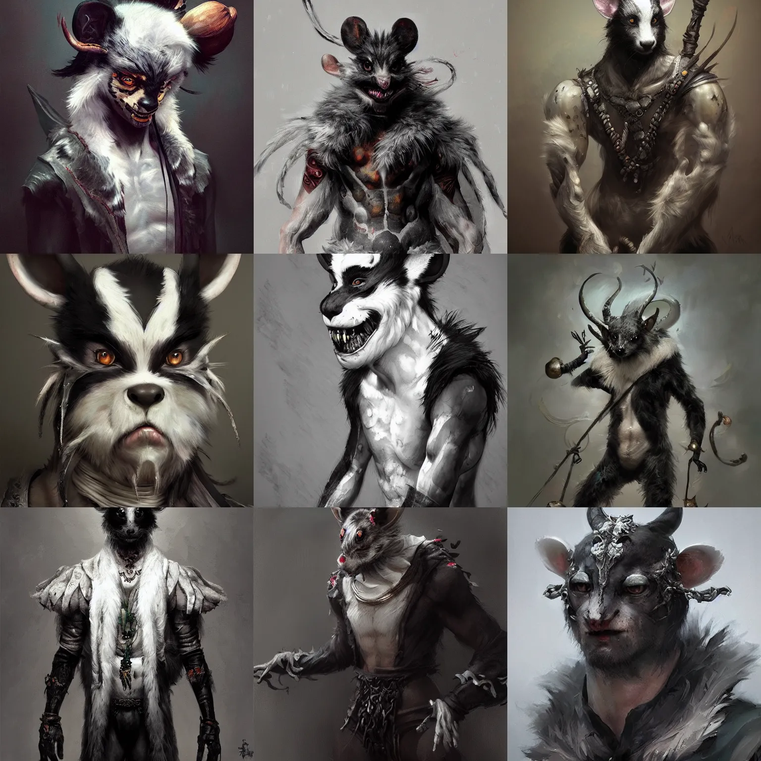 Prompt: masterpiece painting by WLOP and Ross Tran of a spotted male humanoid black and white wererat wearing jester clothes, highly detailed, sharp, color graded, featured in Artstation, inspired by Greg Rutkowski, cgsociery