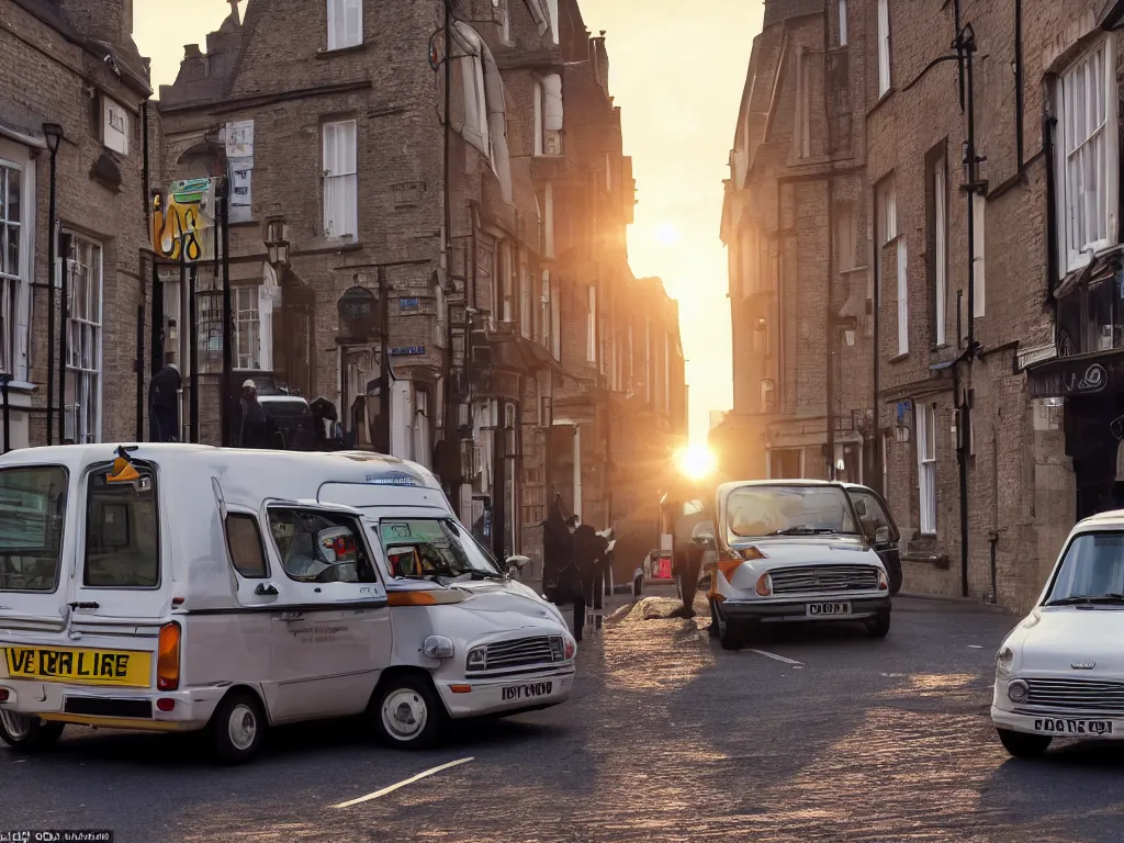 Image similar to modern dyanmic Del Boy\'s three wheeled van parked in london street, low view looking up, small angle, beautiful sunset, unreal engine