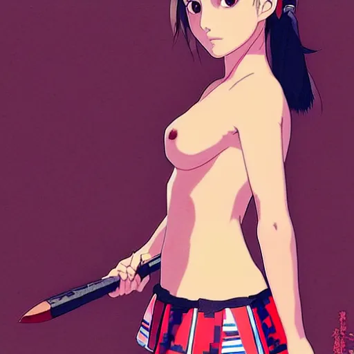 Image similar to a beautiful! boyish! natalie portman alluring gravure! model, wearing japanese school girl outfit with mayan pattern and native style, aztec street fashion, gapmoe yandere grimdark, trending on pixiv fanbox, painted by greg rutkowski makoto shinkai takashi takeuchi studio ghibli, akihiko yoshida