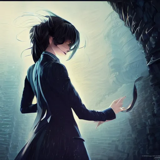 Prompt: low - angle shot from behind of a long blue - haired girl in a tailcoat overlooking demacia, combat boots, noir, screenshot, sharp focus, intricate, illustration, cell shaded, digital painting, highly detailed, straight hair, art by ilya kuvshinov, wlop, greg rutkowski, studio quality, james jean