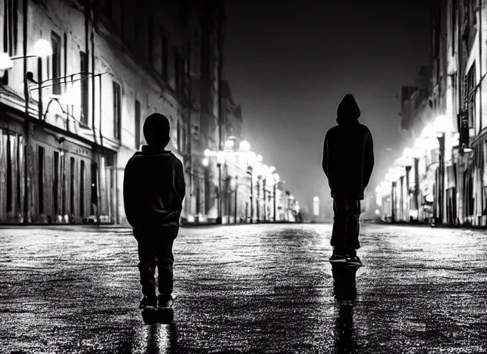 Image similar to boy from the back with a black hoodie and from the background an angel stares at him, empty city street at night, heavy rain, cars parked, dramatic lighting, cinematic, establishing shot, extremly high detail, photorealistic, cinematic lighting, epic fight scene, post processed