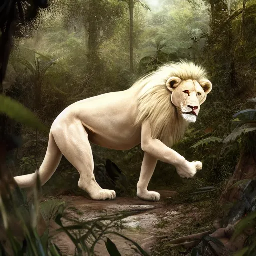 Image similar to commission portrait of a male anthro albino lion,wearing cargo pants and a boack t-shirt,going through a jungle cautiously.dramatic,character design by charles bowater,greg rutkowski,ross tran,hyperdetailed,hyperrealistic,4k,deviantart,artstation,professional photography,concept art