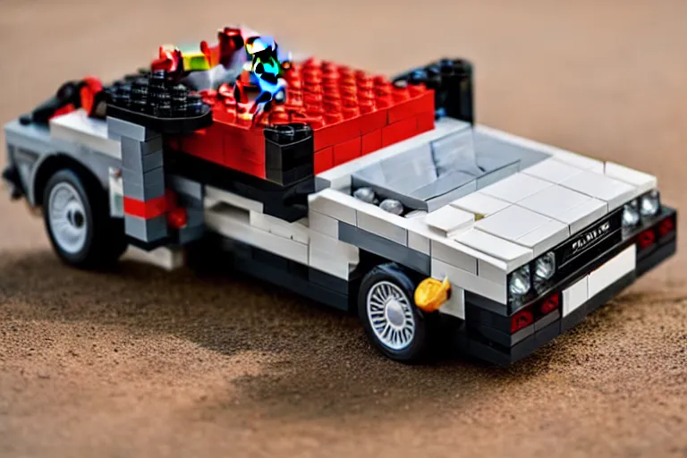 Image similar to lego 2 0 2 2 delorean time machine being dragged by a tow truck