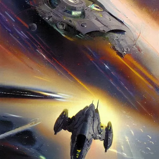 Prompt: futuristic spaceship jumping to warp lightspeed concept art oil painting by , extremely detailed, brush hard, by john berkey