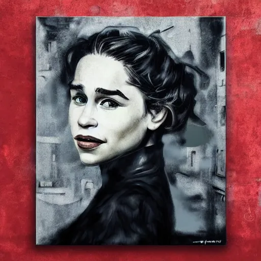 Prompt: Street-art portrait of emilia clarke in style of Banksy, photorealism