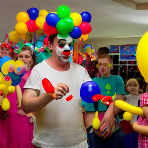 Image similar to Dan O'Dowd dressed as a clown making ballon animals at a children's birthday party