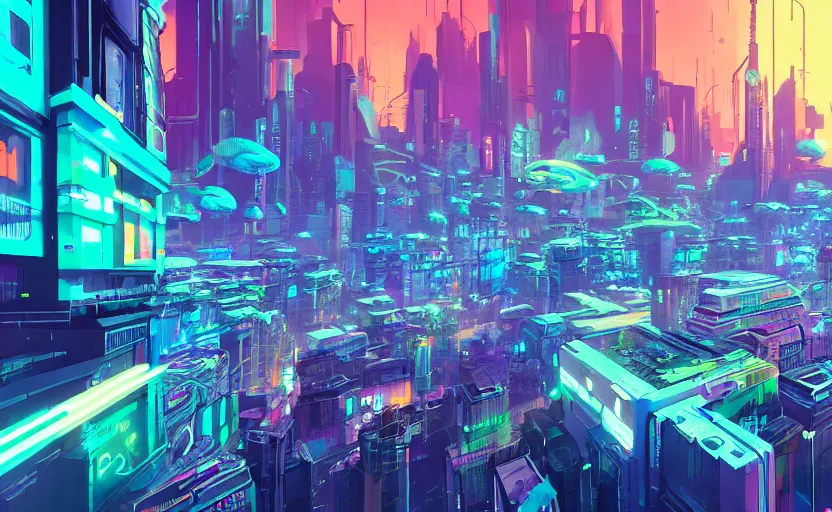 Image similar to Wide angle shot of a cyberpunk city with neon lights and holographic fishes floating in the sky by Petros Afshar and Beeple, James Gilleard, Mark Ryden, Wolfgang Lettl highly detailed