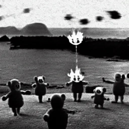 Prompt: A grainy surveillance photo of a cult of Teletubbies sacrificing a brine shrimp to Odin, the Norse god.