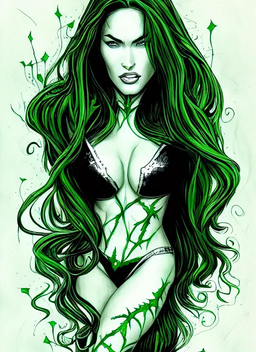 Image similar to symmetrical concpet art, full shot, traditional ink, sketch, of megan fox as poison ivy, line sketch, intricate, elegant, highly detailed, monochrome, digital painting, artstation, concept art, green, black, red ink sharp focus, illustration, art by borderlands 3 and peter polach