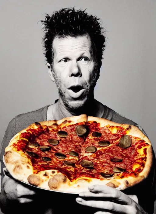 Prompt: Tom Waits eating pizza with ice cream on top, color photograph portrait 4k