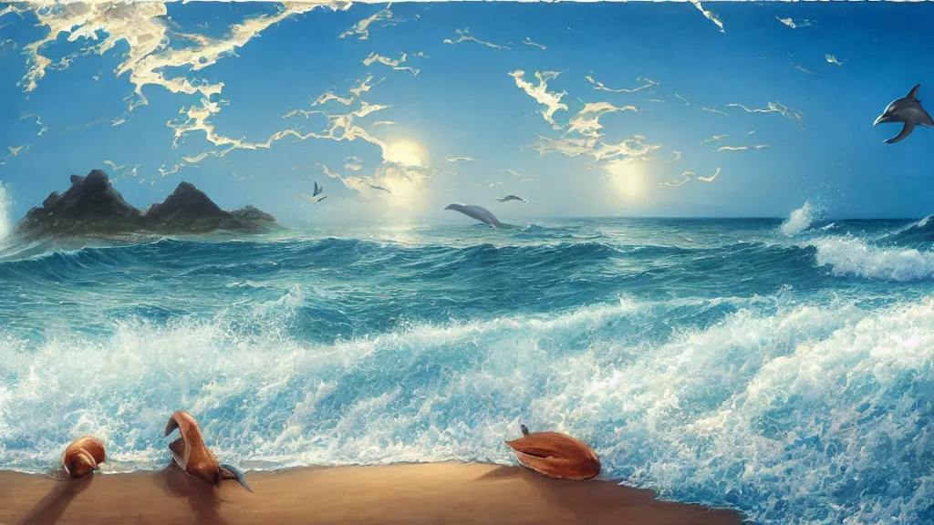 Image similar to first person view of breaking waves on the shore, summer, clear beautiful sky, bright sky, dolphins dolphin swimming, peaceful, amazing, by andreas rocha and john howe, and Martin Johnson Heade, featured on artstation, featured on behance, golden ratio, ultrawide angle, f32, well composed